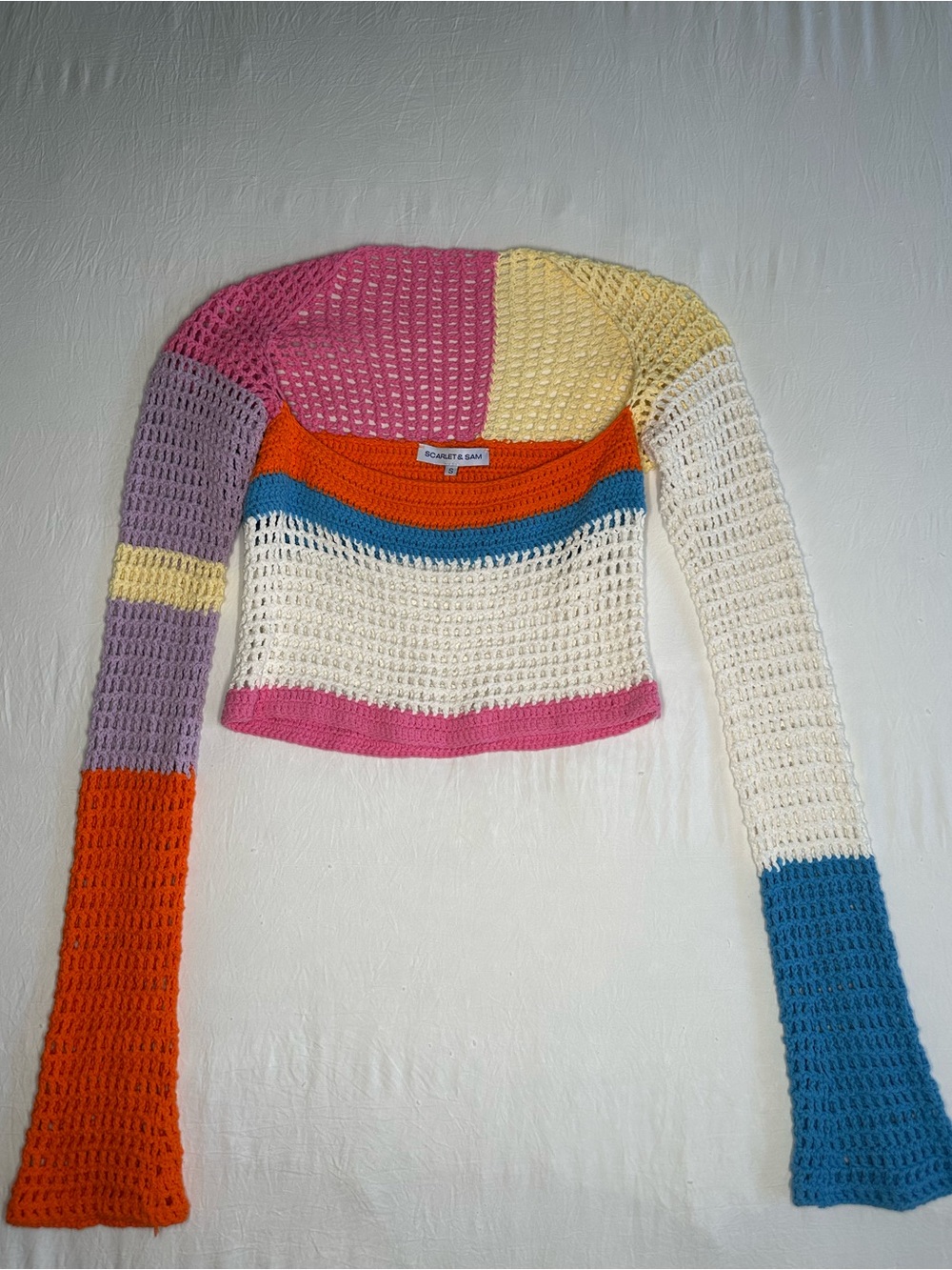 Scarlet and Sam Multicolor Crochet Crop Sweater - Pink, Cream, Orange, Blue